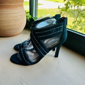 Adrianna Papell Blue Rhinestone Strappy Open Toe Pump High Heel Shoes Womens 7.5